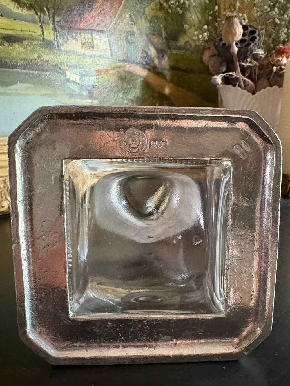 Italian Glass & Pewter Medium Geometric Decanter w/ Rounded Stopper Minimalist